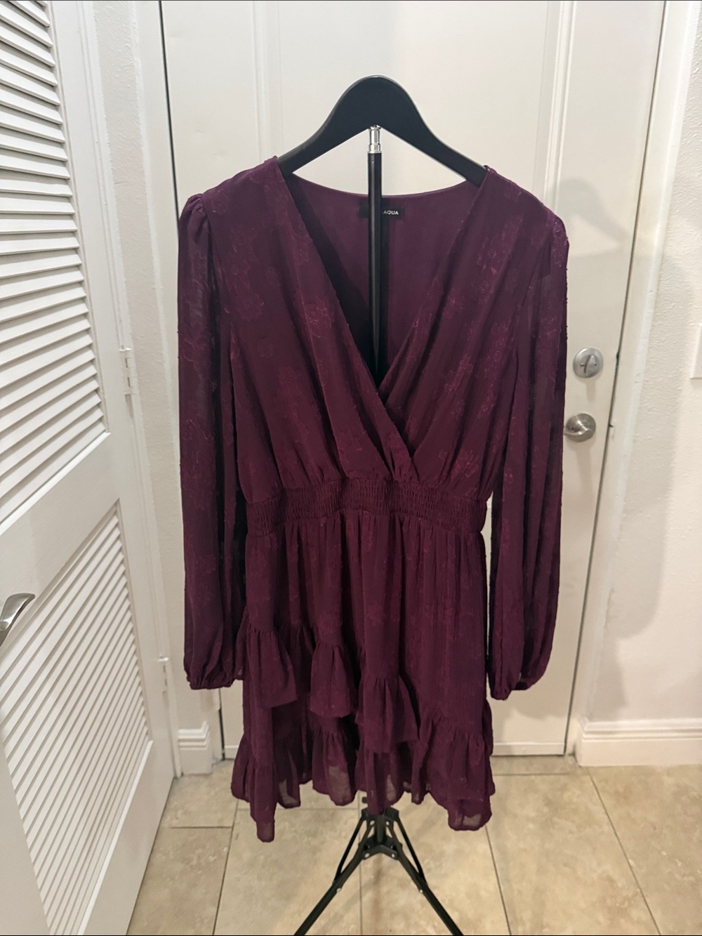 Aqua Plum Wrap Ruffle Long Sleeve Dress